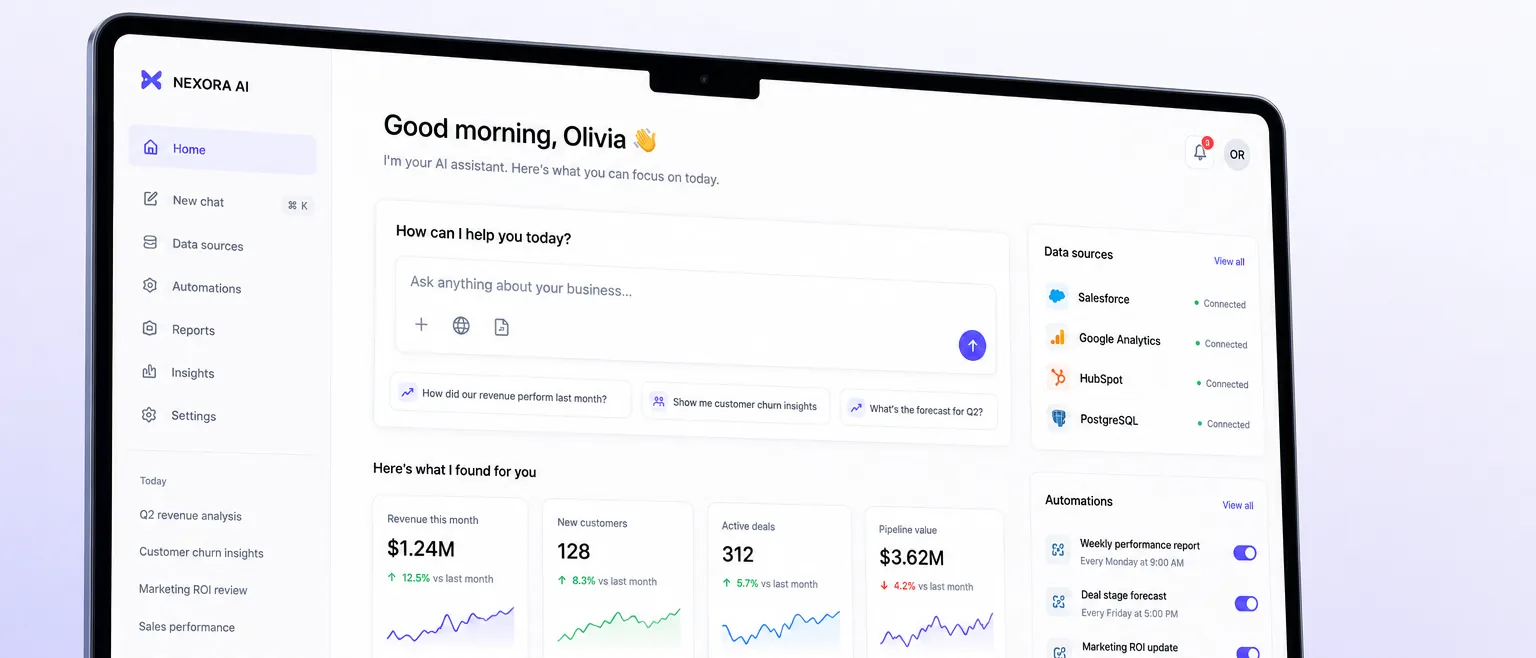 An AI assistant workspace on a laptop, with a question box, connected data sources including Salesforce and PostgreSQL, and scheduled automations.