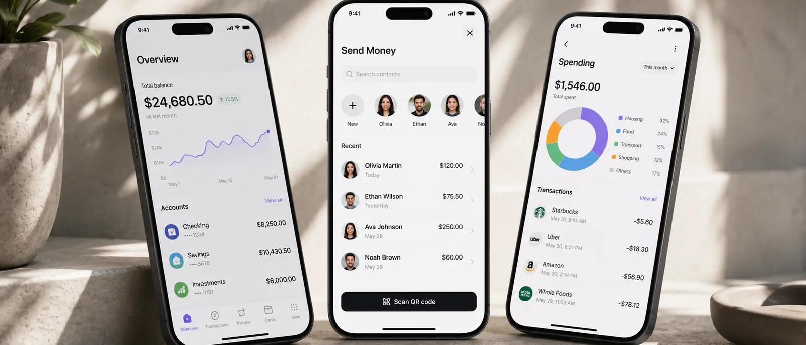 Three phone screens from a banking app: an account overview, sending money to a saved contact, and a monthly spending breakdown.