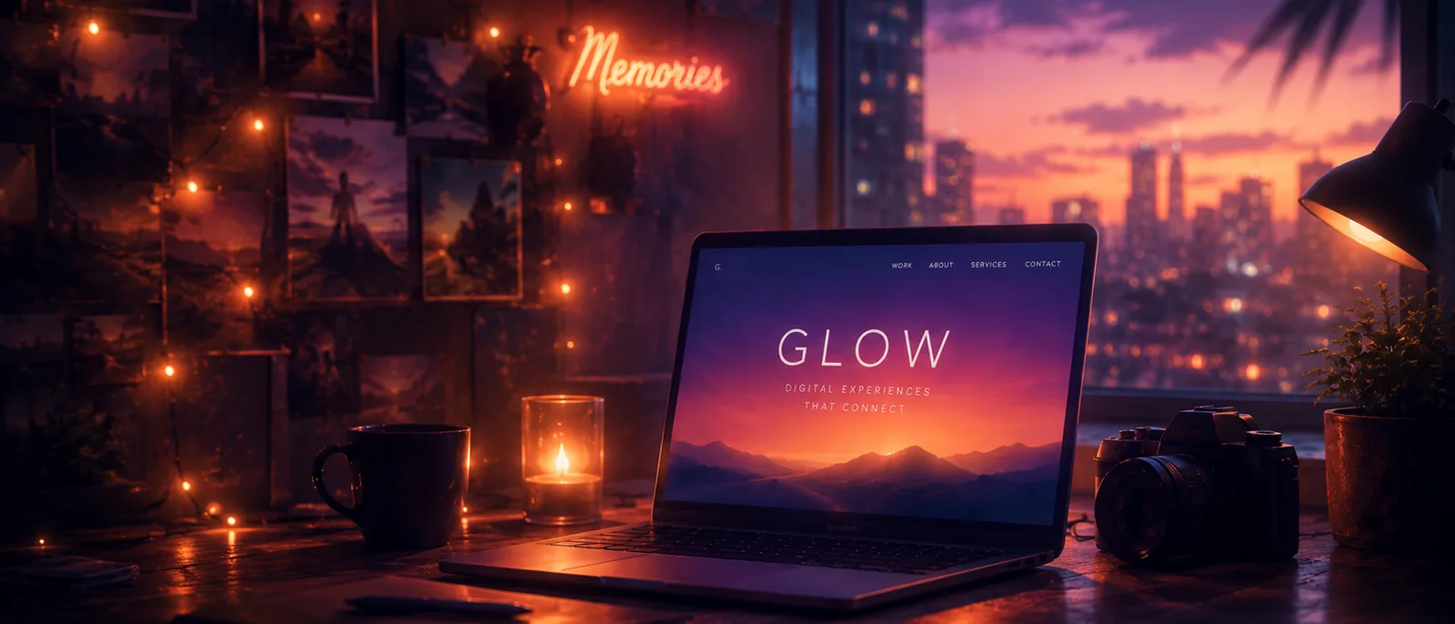 A marketing website open on a laptop in a dark studio, its landing page headline glowing above a city skyline at dusk.