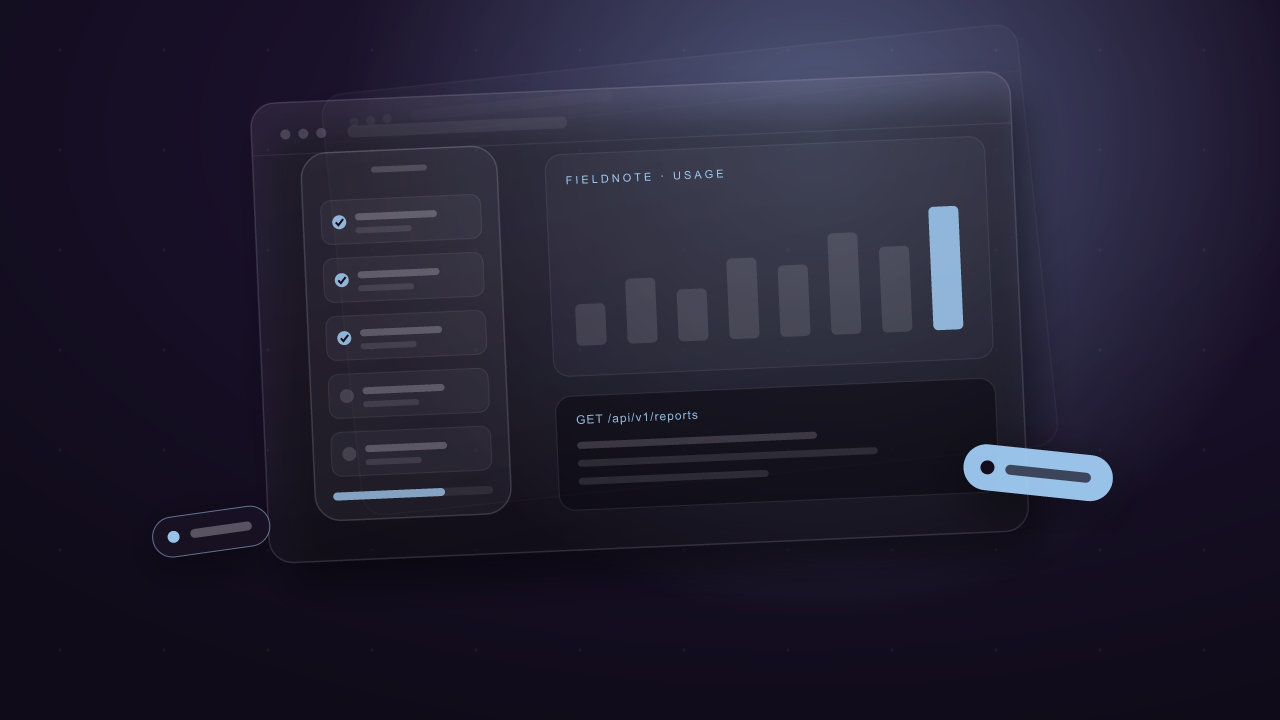 Fieldnote inspection app on a phone beside a usage dashboard