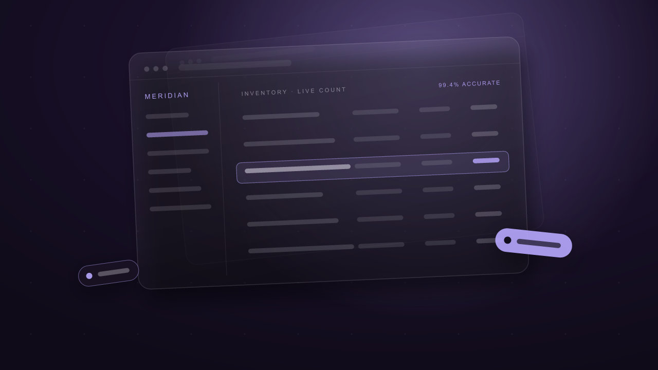 Meridian ERP dashboard, floating glass interface panels on a dark stage
