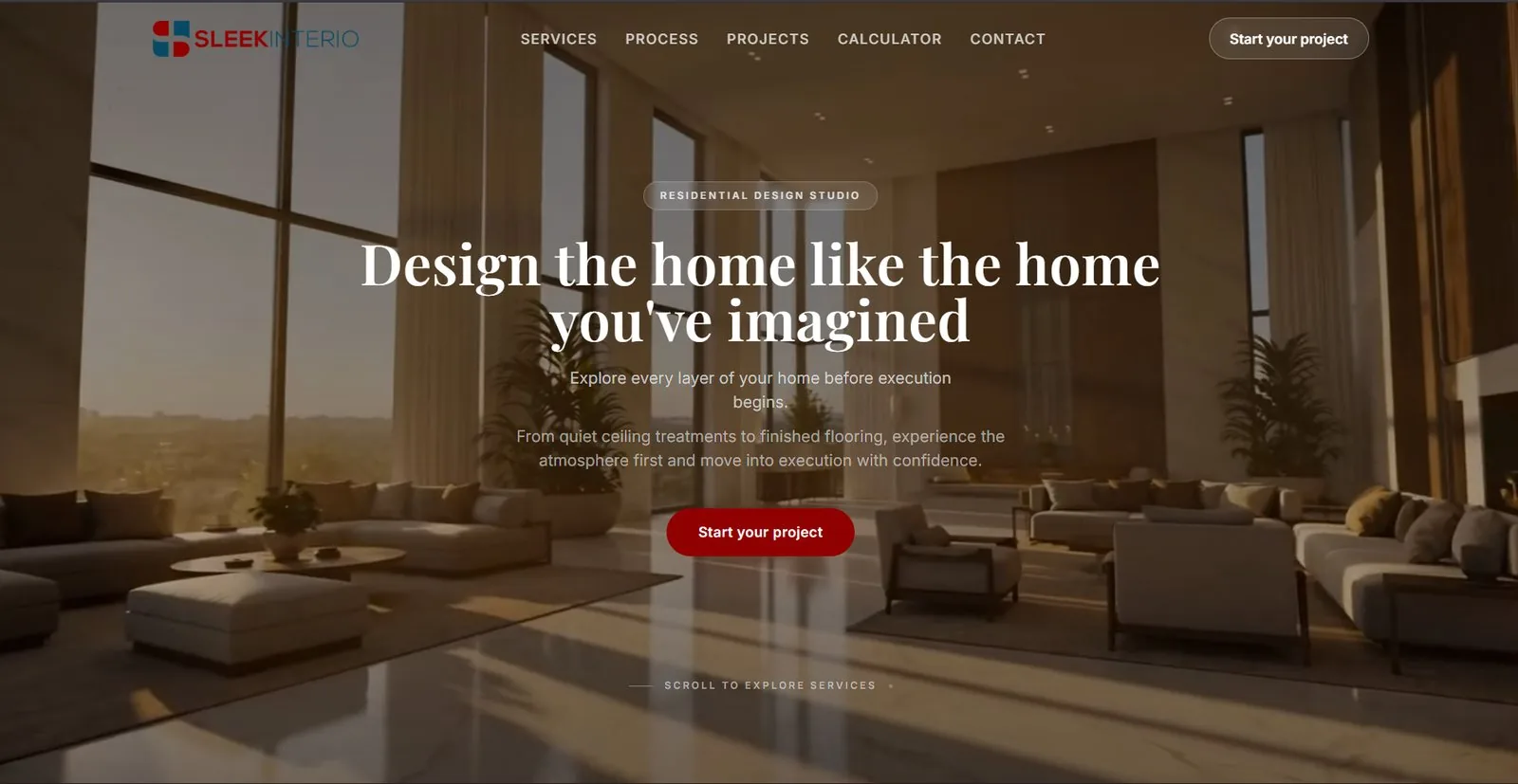 Sleek Interio home page: a residential interior design studio site, headed 'Design the home like the home you've imagined'