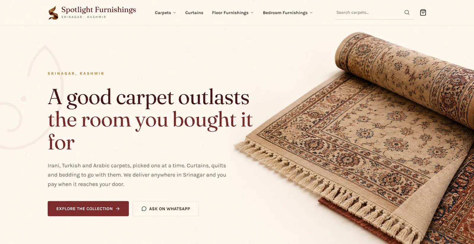 Spotlight Furnishings storefront, a carpet and home-furnishings shop in Srinagar, with a hand-knotted carpet unrolled beside the headline