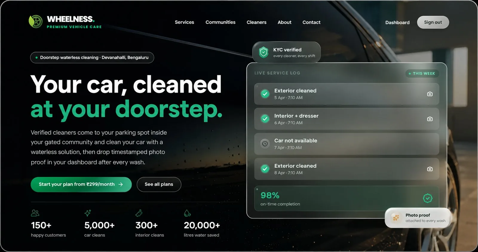 Wheelness landing page — doorstep car cleaning for gated communities, with a live service log of timestamped photo proof
